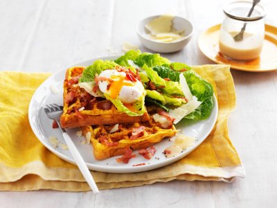 Chicken caesar waffle omelettes