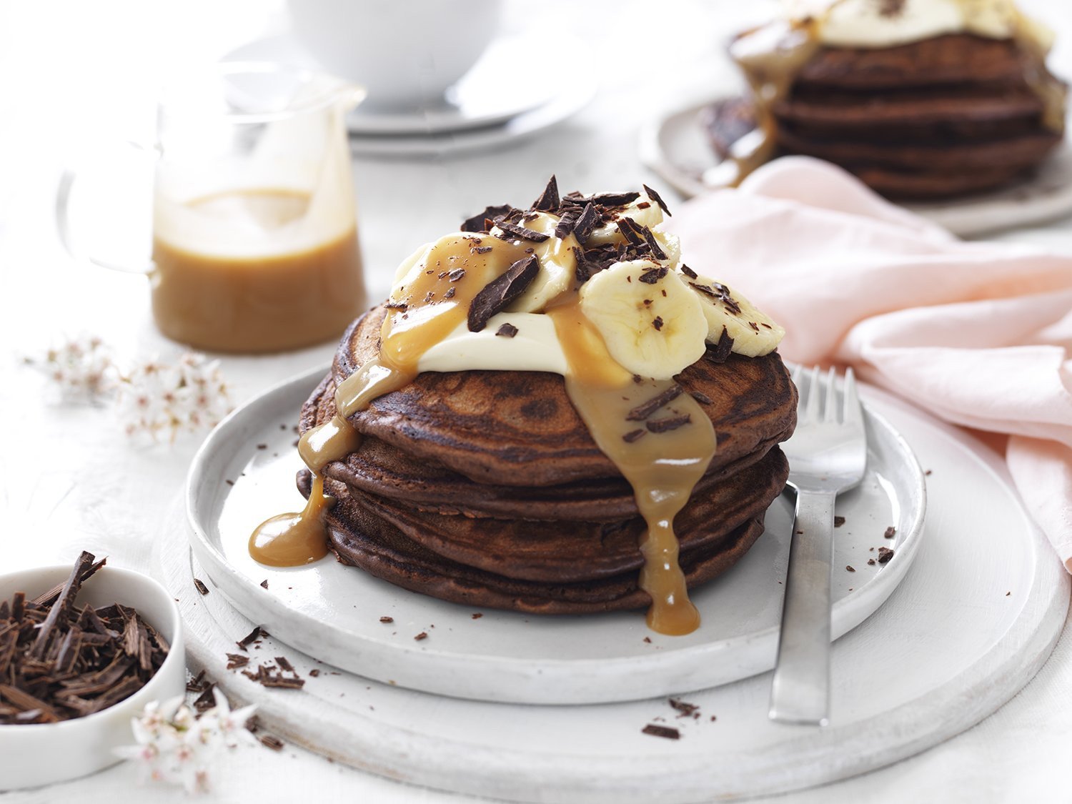 Double Chocolate Pancakes with Peanut Butter Sauce