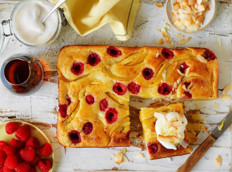 Tray Bake Pancake with Raspberry and Mango