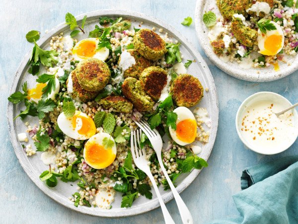 broccoli falafels in a salad with boiled eggs