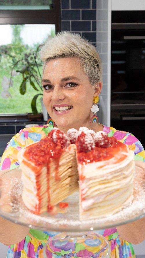 Jane de Graaff holding crepe pancake stack