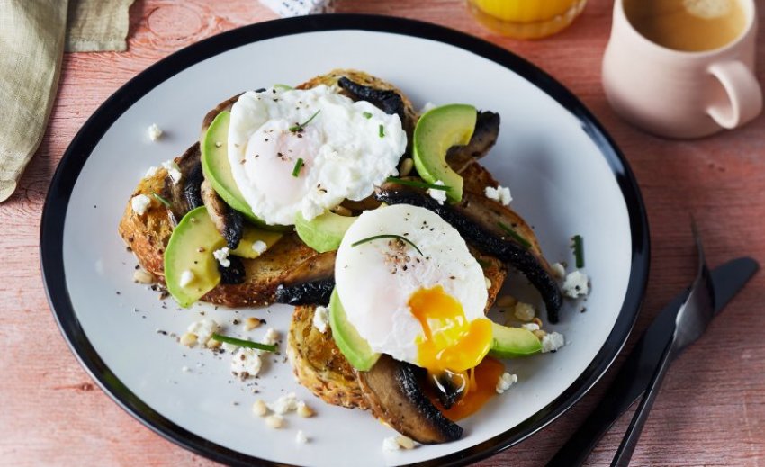 Poached eggs with field mushrooms and avocado web
