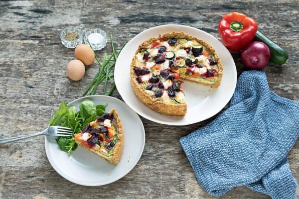 roast veggie tart with oat crust