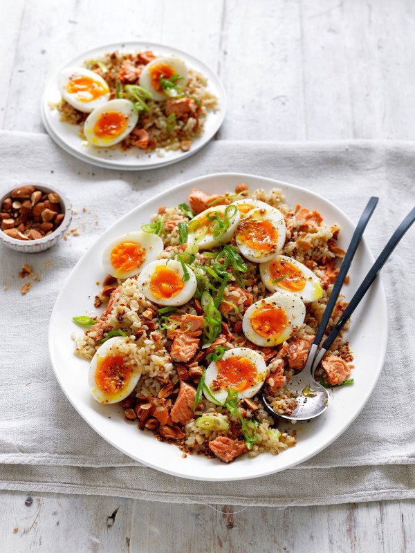 salmon and egg brown rice salad