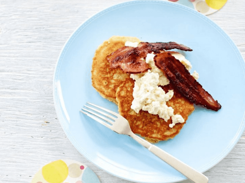 Big Oat Pancakes with Crispy Bacon and Ricotta
