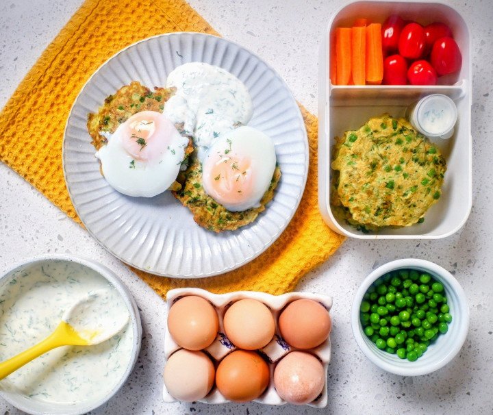 Herby green egg fritters lunchbox