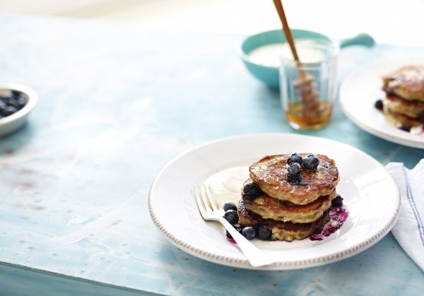 banana blueberry and almond pancakes