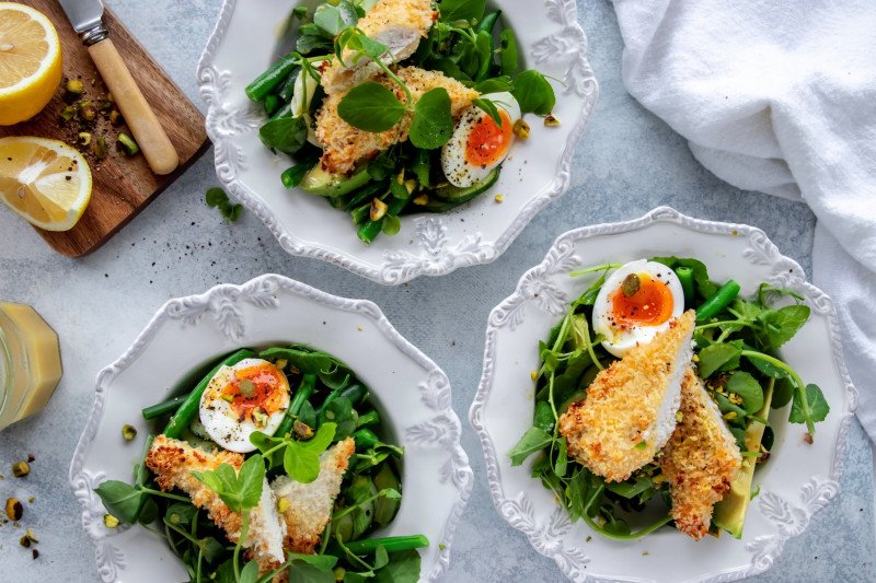 Panko-Crumbed Chicken Tenderloins with Soft Boiled Egg, Beans and Green Salad