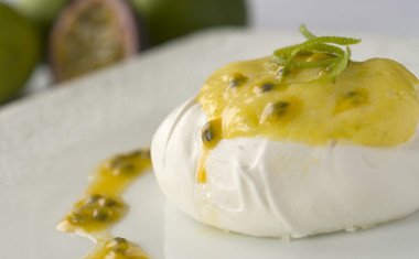 Meringue nest with lime curd and passionfruit