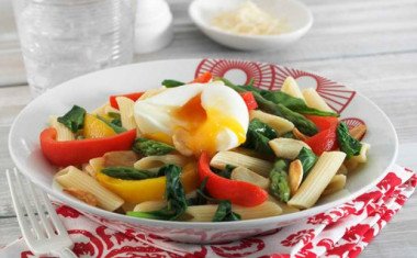 Pasta with Roast Vegetables and Soft Boiled Egg