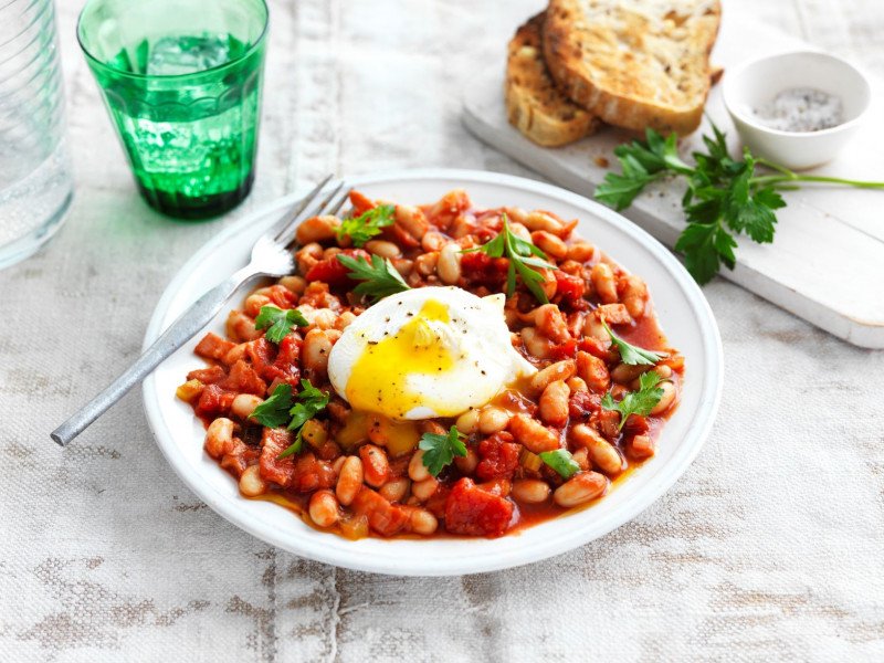 Smoky Baked Beans with Poached Eggs