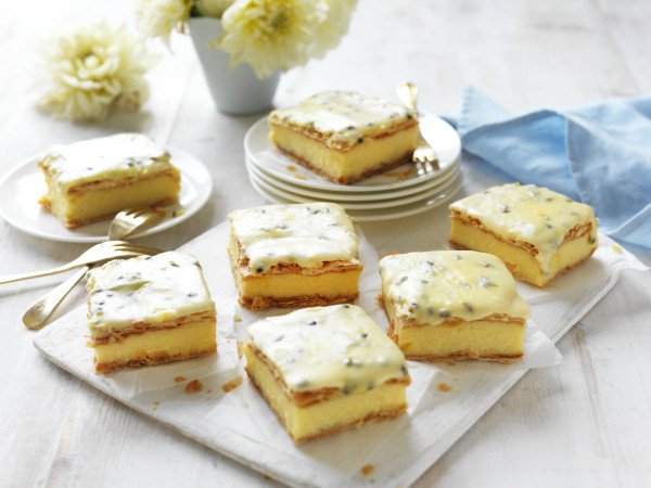 Vanilla slice with passionfruit icing