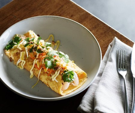 Oakridge Eggs 320 prawn and kimchi omelette