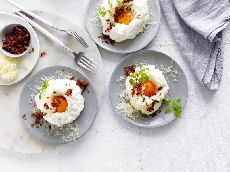 Cloud Eggs with Pancetta Crumbs and Gruyere
